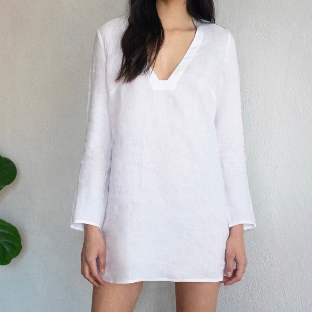 Reformation Ostuni White Linen V-Neck Long‎ Sleeve Mini Dress Size Small NWT